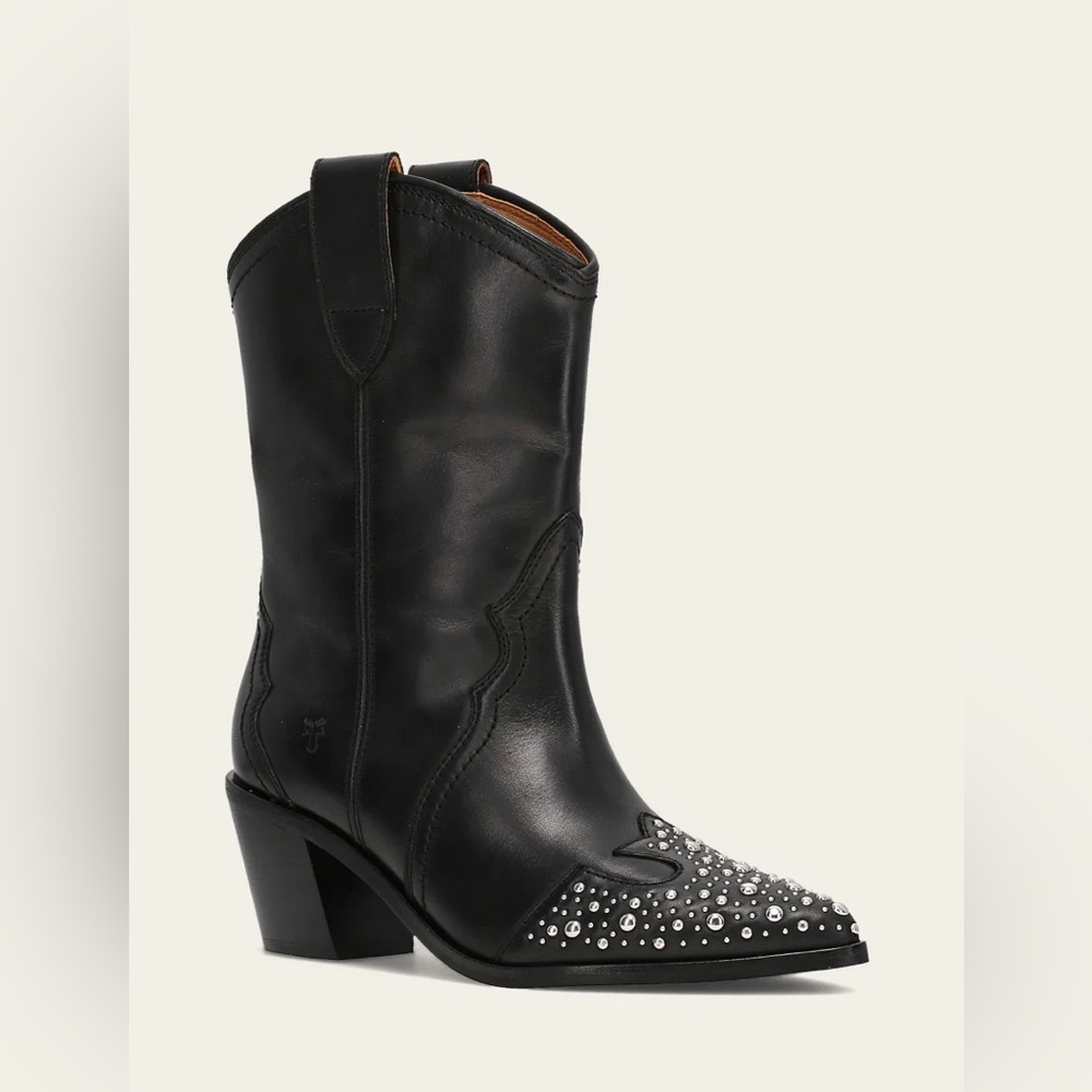 Frye Sara Studded Western Ankle Boots Black Leather Cowgirl Size 11 - Picture 2 of 8